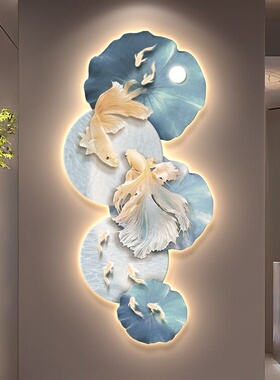 感九鱼图玄关装饰画入户正对门口挂画过道走廊尽头led壁灯画