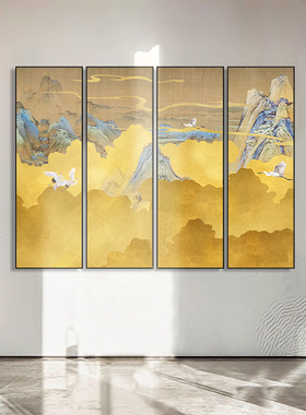 中式竖版装饰画抽象黄色意境风景画酒店大堂四联画茶室瑞鹤图挂画