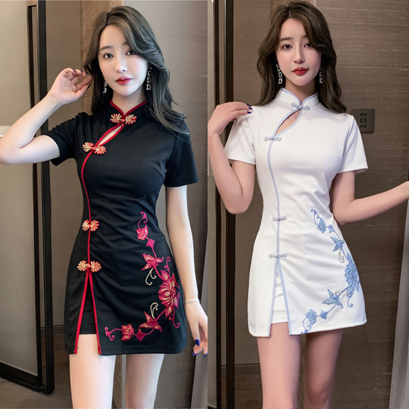 中式旗袍改良版连衣裙女技师服