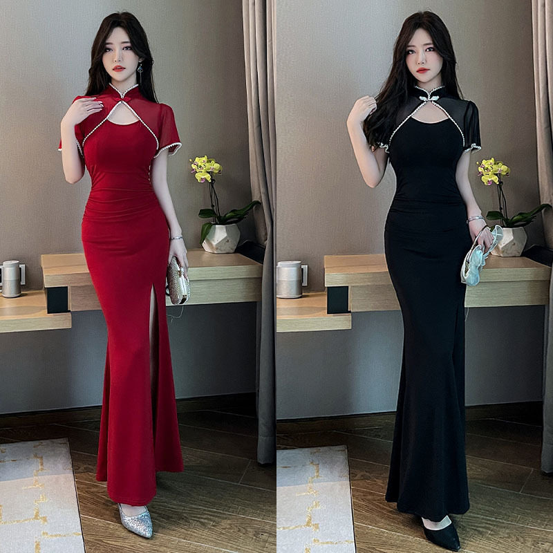 中国风新中式旗袍晚礼服足浴SPA柔式技师工作服夜场佳丽性感长裙