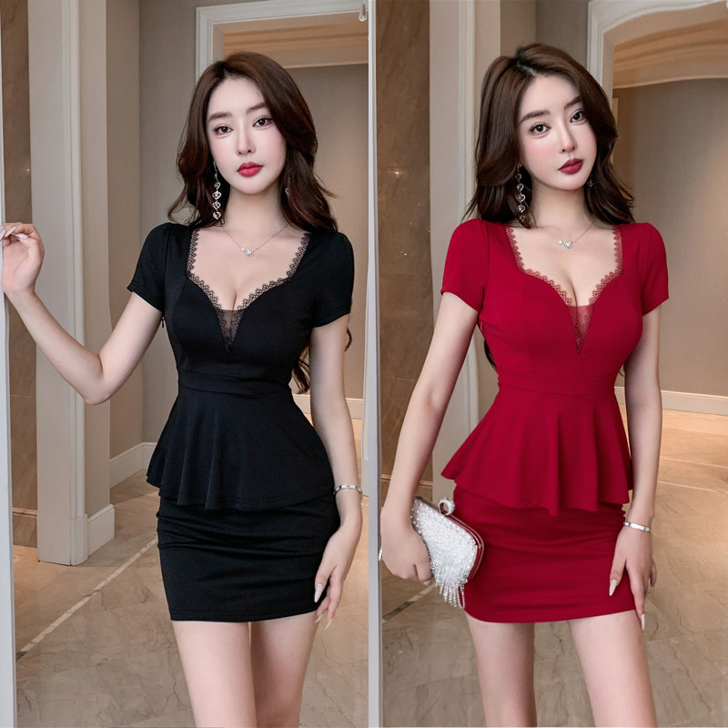 大码遮肚子显瘦连衣裙性感低胸桑拿小姐洗浴沐足工衣足浴技师工衣