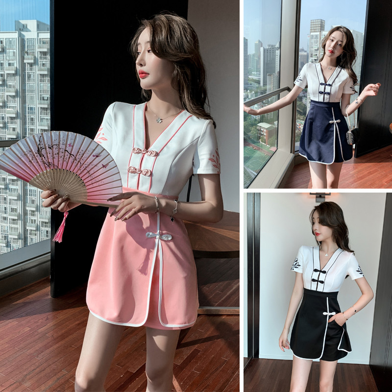 改良旗袍两件套性感技师工作服