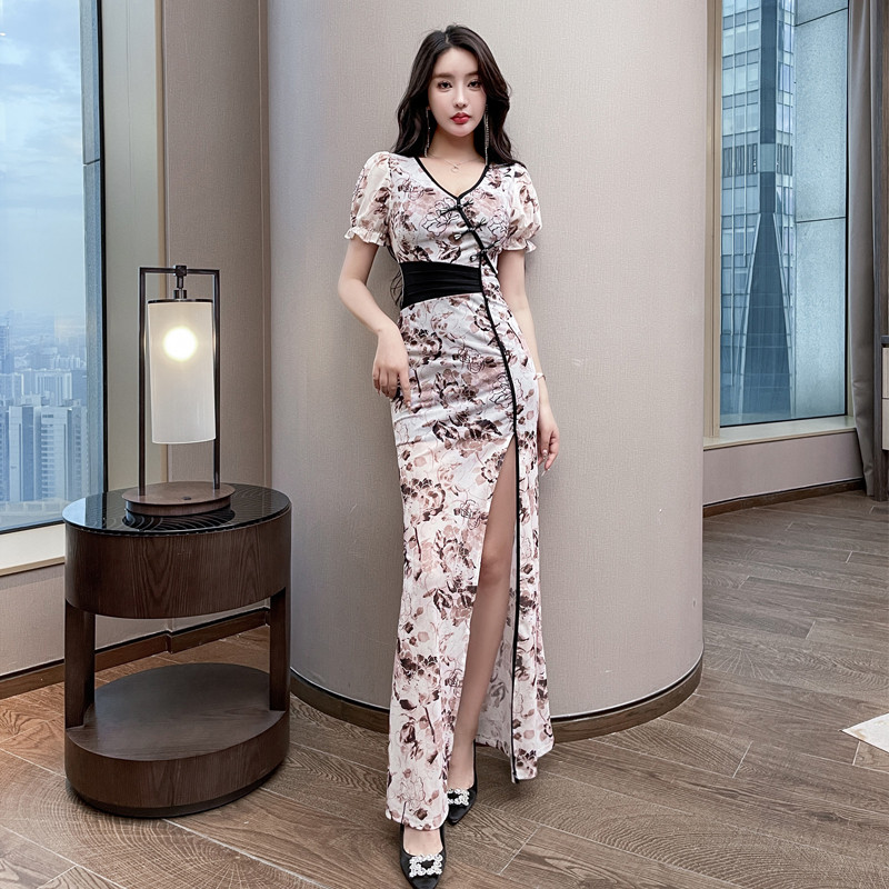 气质女装长款晚礼服性感印花长裙