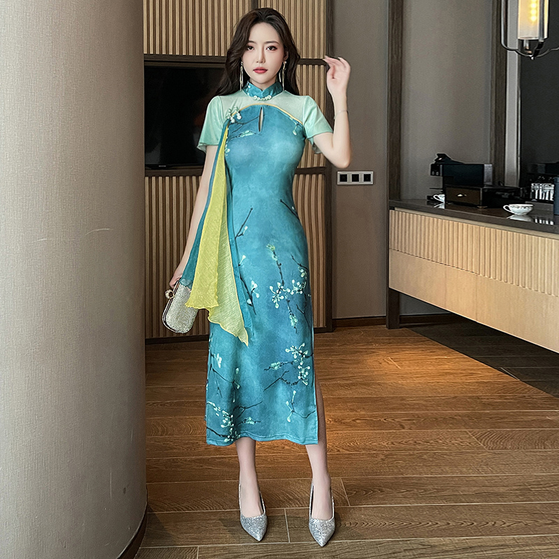 中国风长款旗袍茶楼养生馆洗浴会所沐足工衣spa足浴技师工作服女