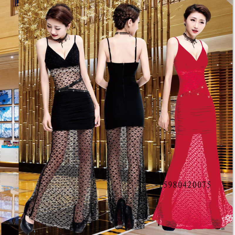 夜店性感连衣裙桑拿技师服吊带低胸透视晚礼服夜场小姐服长款长裙