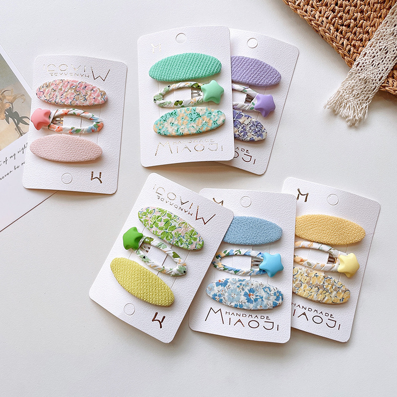 春夏马卡龙色系儿童刘海发卡5角星布艺碎花BB夹宝宝发饰