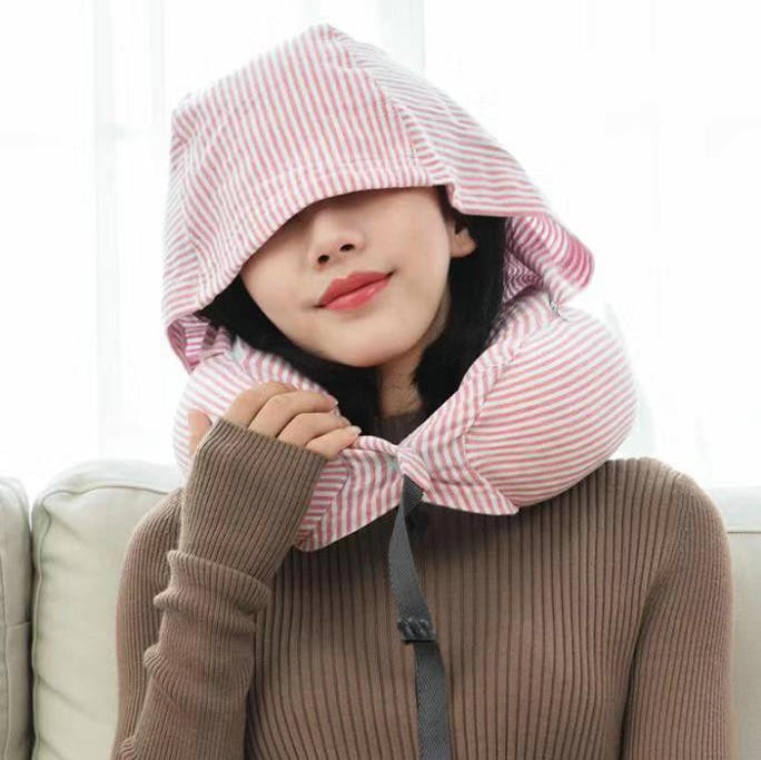 U型枕粒子夏季h良品连帽枕头 护颈枕颈椎枕午休旅行汽车飞机枕定