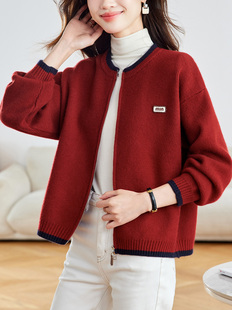 高级感女士红色短外套春秋季2025新款中年妈妈小个子针织开衫上衣