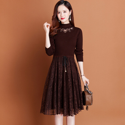 蕾丝针织连衣裙女中长款秋冬2024新款配大衣内搭小个子打底毛衣裙
