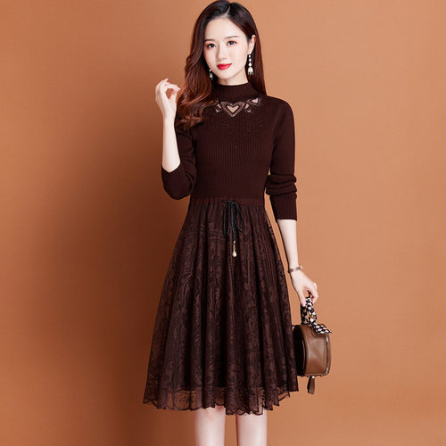 蕾丝针织连衣裙女中长款秋冬2025新款配大衣内搭小个子打底毛衣裙