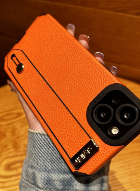 适用苹果14promax手机壳iPhone14pro新款橙色13高级感11腕带女神范14pm全包12promax高档x保护套xr皮质8plus