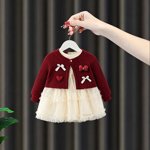 女童连衣裙春秋装宝宝礼服生日宴红色喜庆套装长袖外套裙子两件套