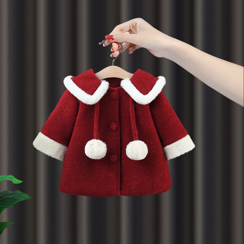 女童外套秋冬款呢大衣宝宝冬季外出服婴儿红色拜年服加绒棉服外套