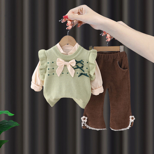 宝宝秋季套装女童新款秋装蝴蝶结毛衣马甲婴儿韩版可爱裤子三件套