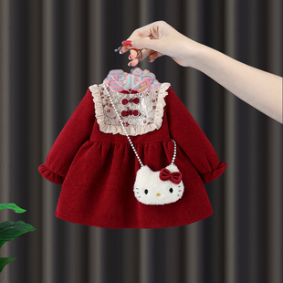 冬装 婴儿KT猫中式 公主裙 国风加绒连衣裙套装 周岁女宝礼服女童冬季