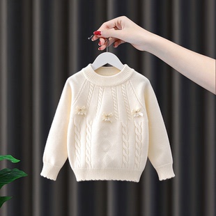 女童毛衣7白色毛线衣服小学生针织衫8儿童圆领套头蝴蝶结百搭上衣