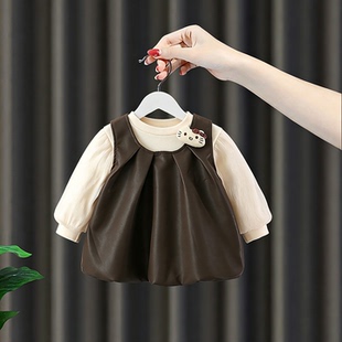 女童连衣裙春秋装女宝宝礼服PU皮裙子背心裙套装长袖打底衣两件套