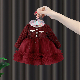周岁女宝礼服女童冬季加绒连衣裙婴儿生日裙小香风拜年服公主裙子