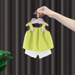 女宝宝夏季薄款套装1婴儿多巴胺背心上衣夏装2女童花边短裤两件套