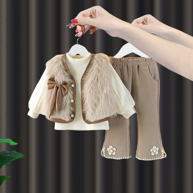 女童套装冬装婴儿加绒棉服毛毛衣1女宝宝洋气喇叭裤2仿皮草三件套