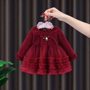 周岁女宝礼服女童红色连衣裙秋冬新款加绒蓬蓬纱裙子蛋糕裙公主裙