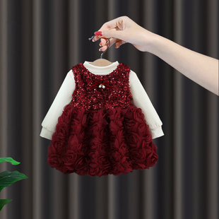周岁女宝礼服冬季 婴儿抓周裙子亮片花朵公主裙 女童加绒连衣裙套装