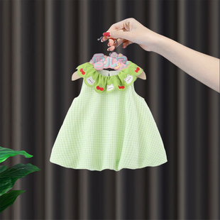 女宝宝夏季连衣裙女童大花领绿色格子裙婴儿甜美花苞裙可爱公主裙