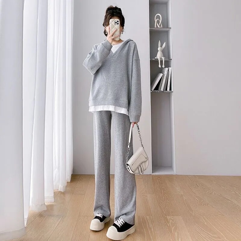봄과 가을 인터넷 연예인 출산복 순면 양복 후드 티셔츠 긴팔 출산복 핫맘을 위한 배꼽 지지 바지 외출