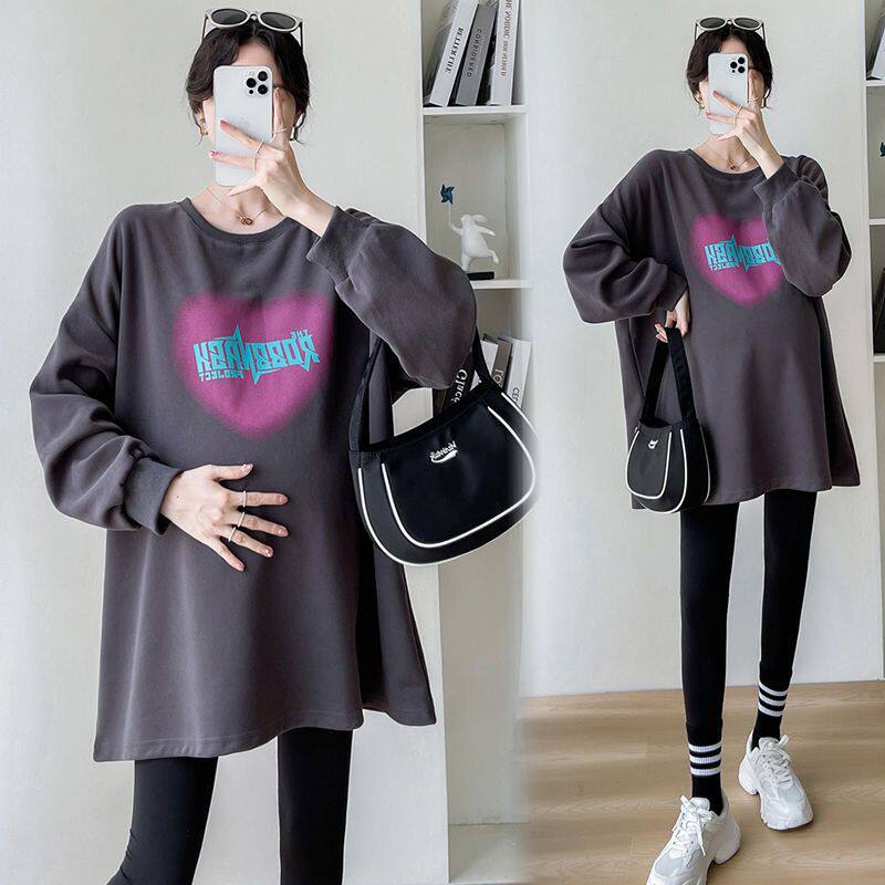 임부복 봄 가을 정장 탑 패셔너블하고 루즈한 트렌디한 엄마가 배를 덮는 스웨트셔츠를 입어 배를 지탱할 수 있는 투피스 세트