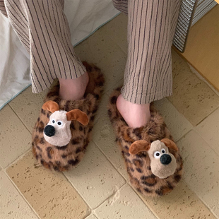 百搭ins棉拖鞋 防滑女士趣味狗狗高级感动物纹冬季 学生毛毛鞋 时尚