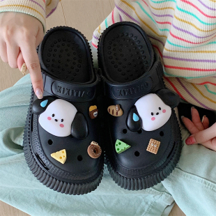 女夏季 防滑外穿百搭度假沙滩凉鞋 网红腮红小狗包头洞洞鞋 学生新款