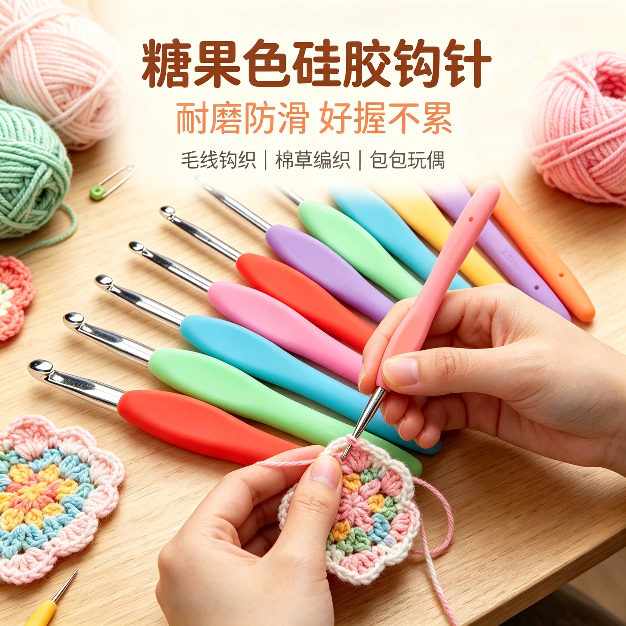 编织工具钩针工具氧化铝硅胶软手柄 糖果色毛线钩针套装耐磨防滑