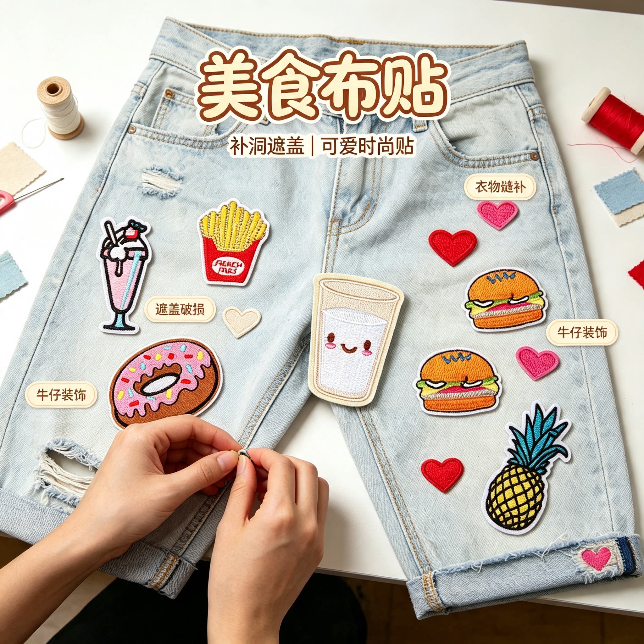 卡通布贴补丁贴布衣服牛仔裤子徽章补洞装饰刺绣汉堡薯条时尚贴花
