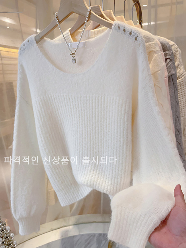 스웨터 여성 봄 가을 디자인 두꺼워진 게으른 너구리 벨벳 우유 부드럽고 왁시하고 부드러운 흰색 니트 탑