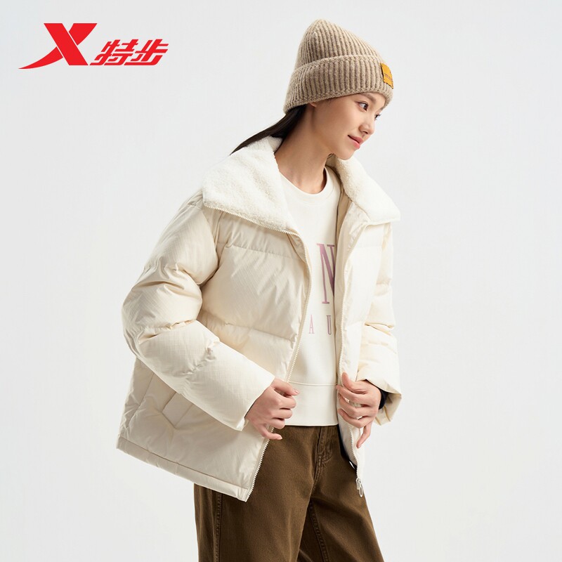 特步冬季2024年新款羽绒服女短款加厚保暖翻领外套女976428190345