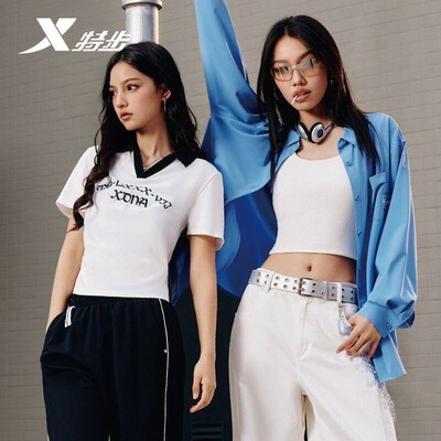 特步短袖POLO衫女2026夏季新款字母印花短款修身T恤974228020384