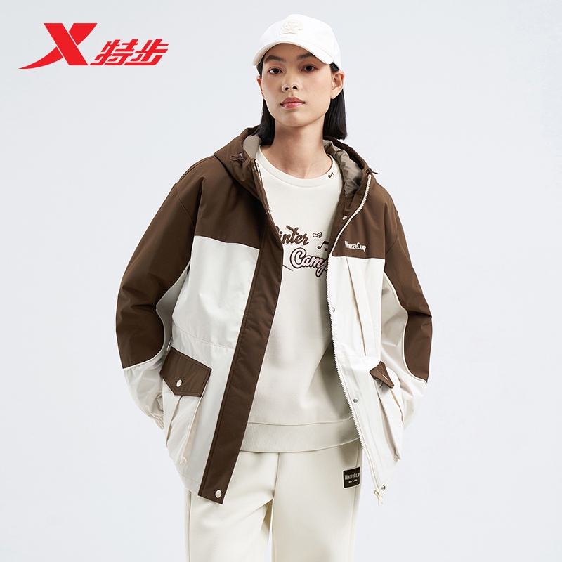 特步女棉服2024冬季新款保暖防风棉衣女连帽运动外套976428170264