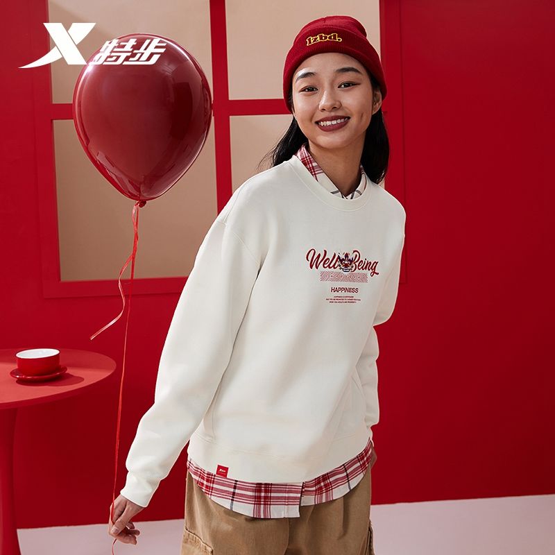 特步女卫衣秋季新款保暖潮酷印花圆领打底上衣976128920410