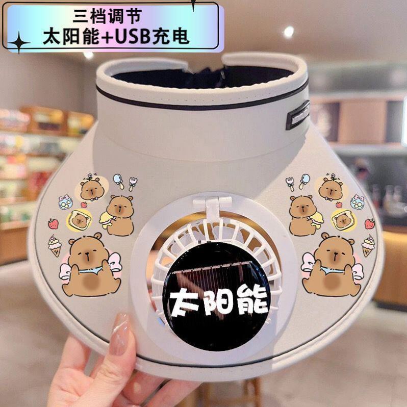 卡皮巴拉儿童防晒水豚鼠太阳能风扇帽充电款防紫外线空顶大檐帽子图片