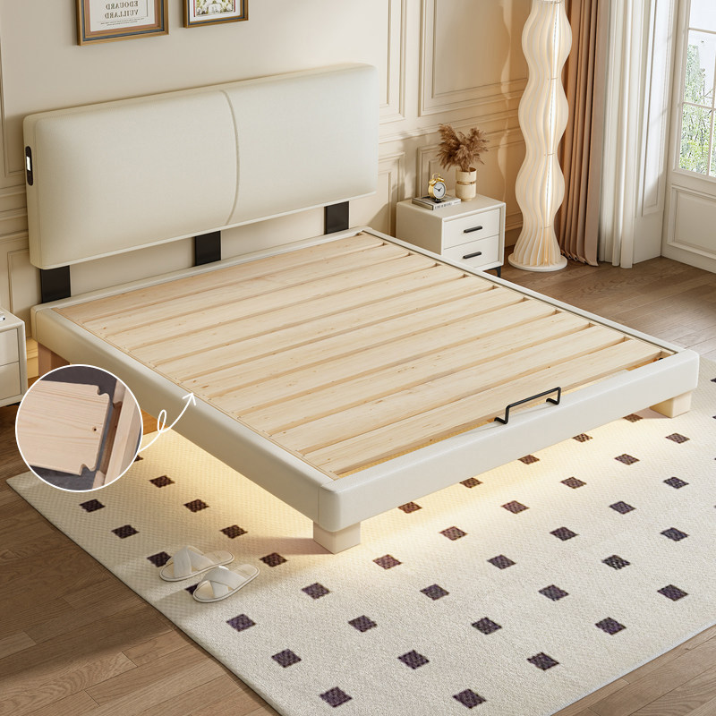 全实木薄床头齐边床小户型奶油风卧室可调节床头双人床可定制尺寸