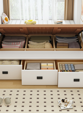 小户型省空间无床头榻榻米储物床主卧白色风格侧压三抽静音榉木床