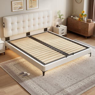 奶油风华夫格可调节薄床头实木床现代简约小户型1.5m静音床可定制