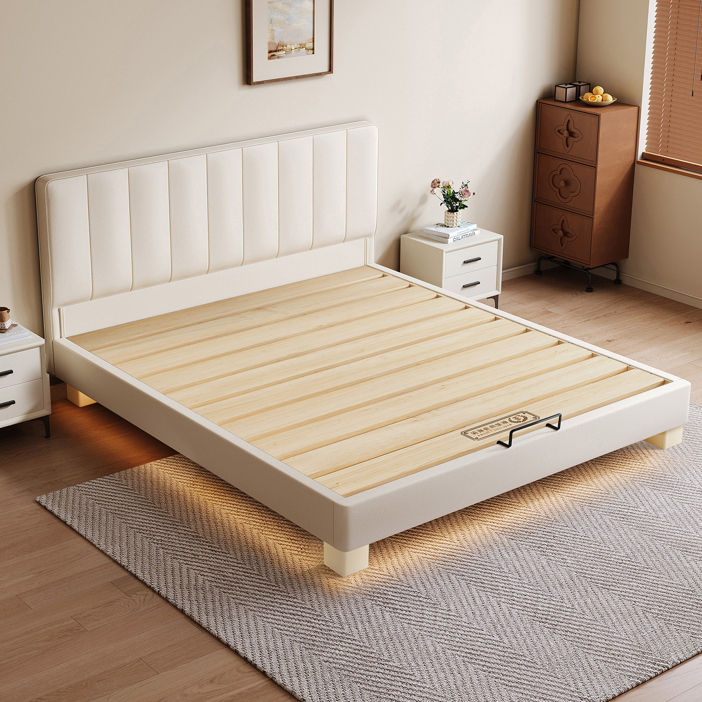 全实木简约小户型薄床头燕尾榫静音排骨架床奶油风加厚可定制尺寸