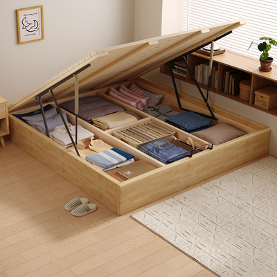 全实木落地气压储物静音双人床