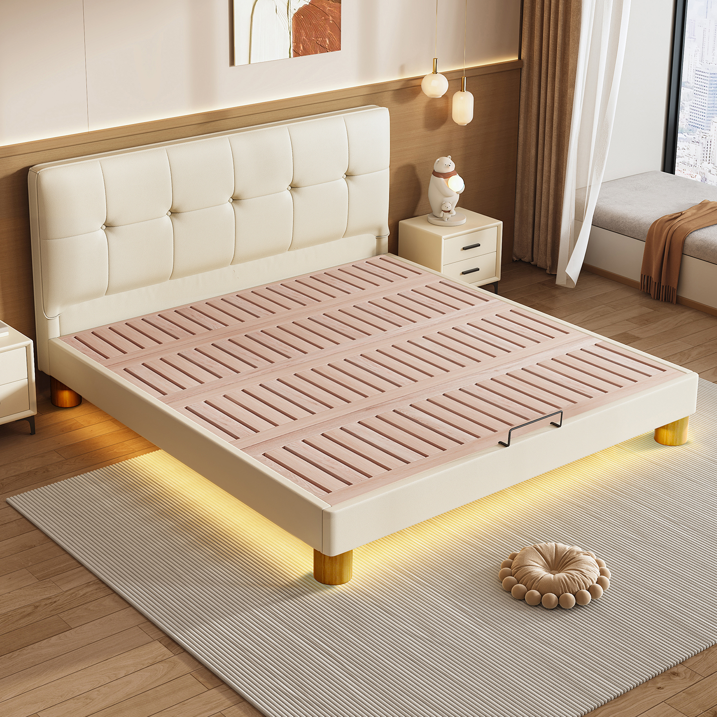 奶油风全实木静音榉木双人齐边床