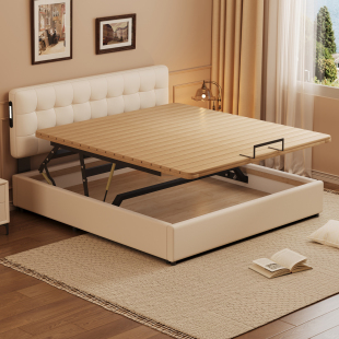 小户型薄床头奶油风实木储物榻榻米床箱体大容量储物床可定制尺寸