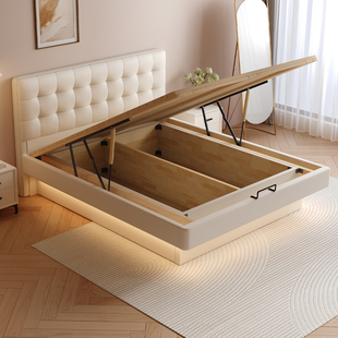 奶油风华夫格实木气压薄床头静音悬浮储物小户型主卧双人床可定制