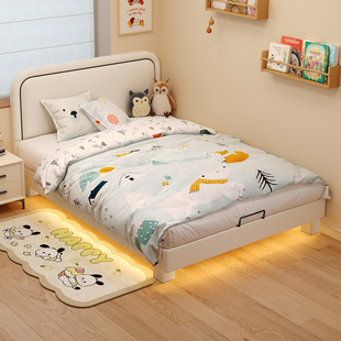 奶油风软包薄床头儿童男孩1.2m小户型床榫卯结构女孩静音床可定制