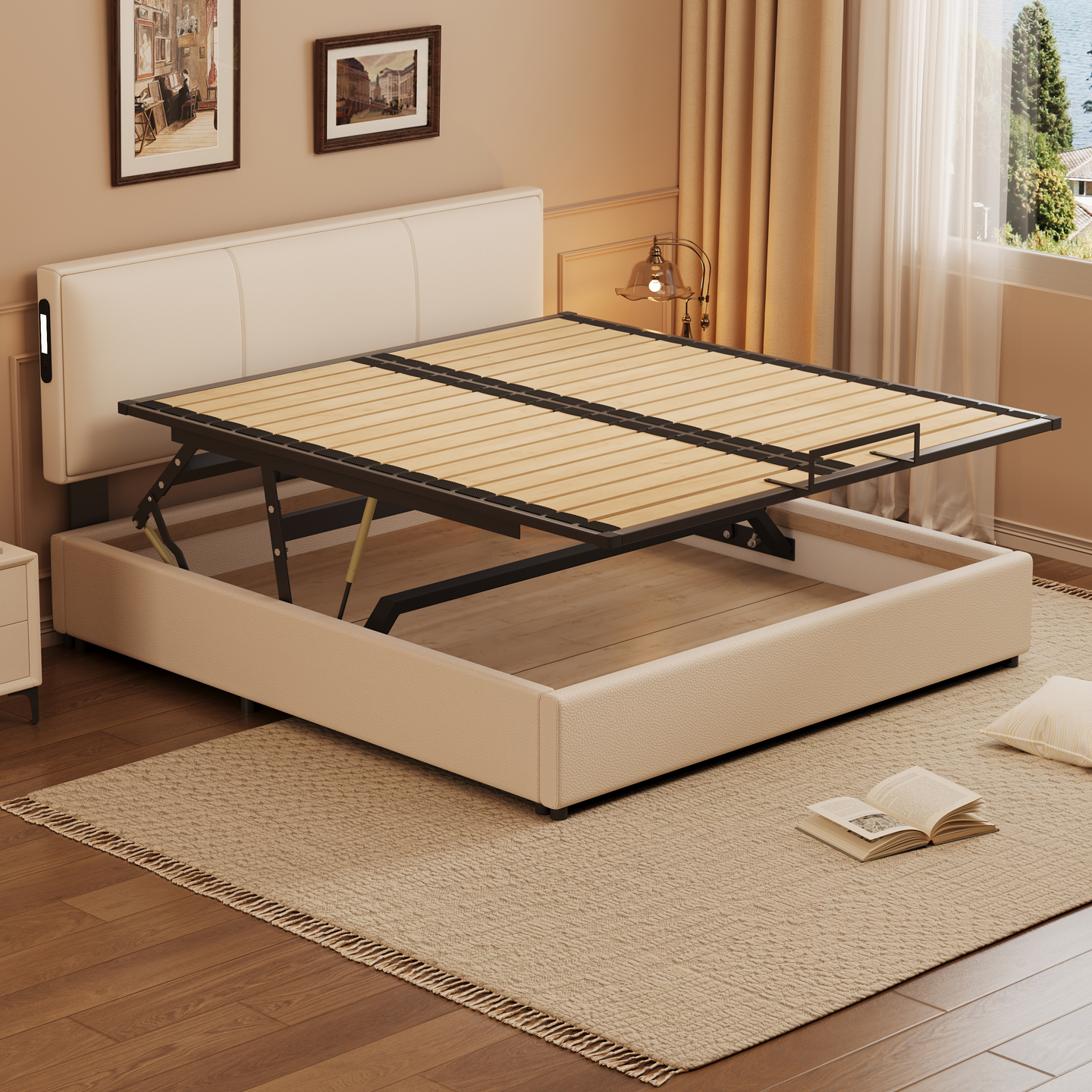 奶油风齐边小户型简约气压储物床