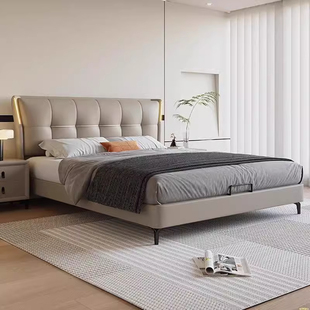 现代简约主卧高端大气真皮床床头带灯卧室双人大床可储物实木婚床